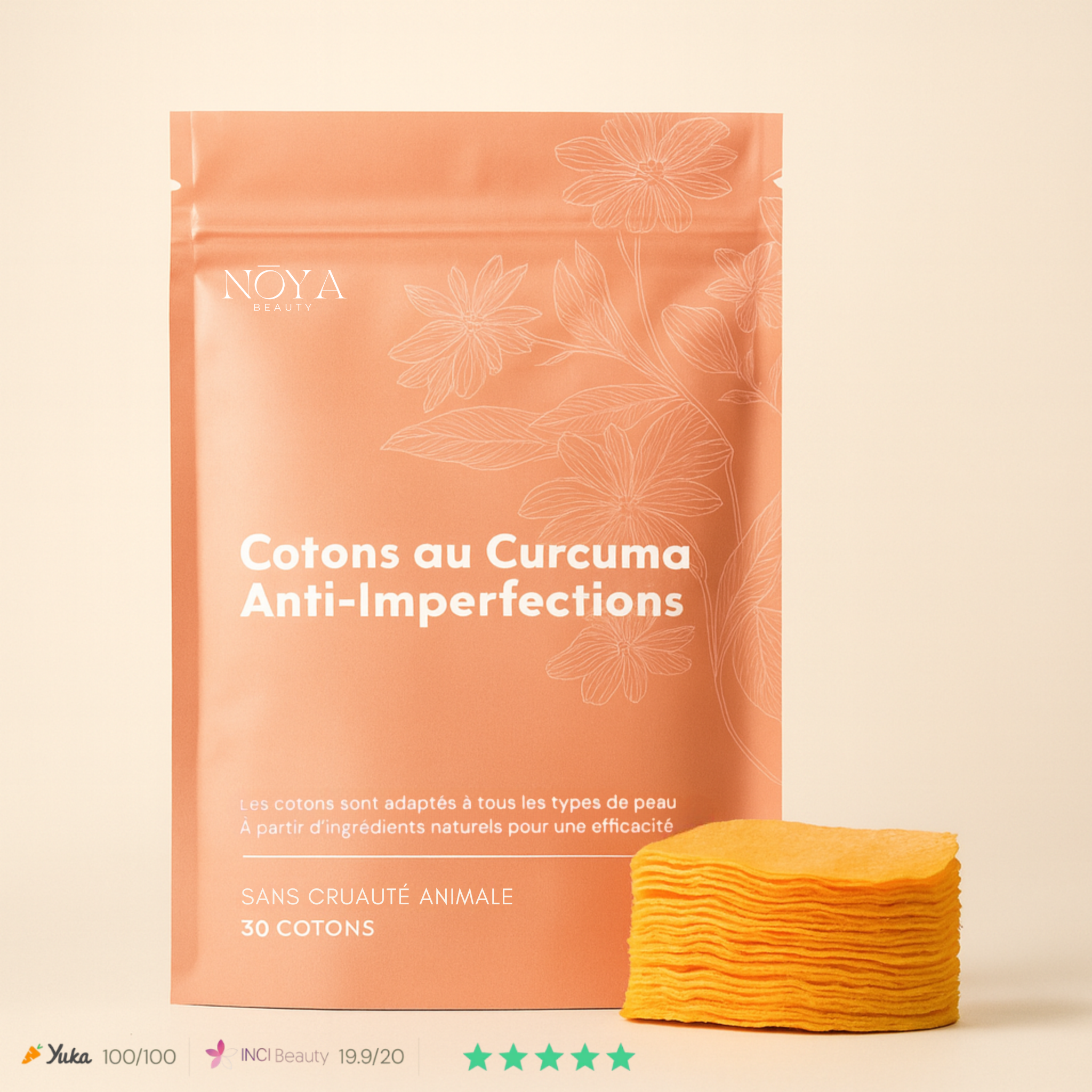 Cotons Anti-imperfections Au Curcuma - 40 Disques éclaircissants - Fabriqué En France